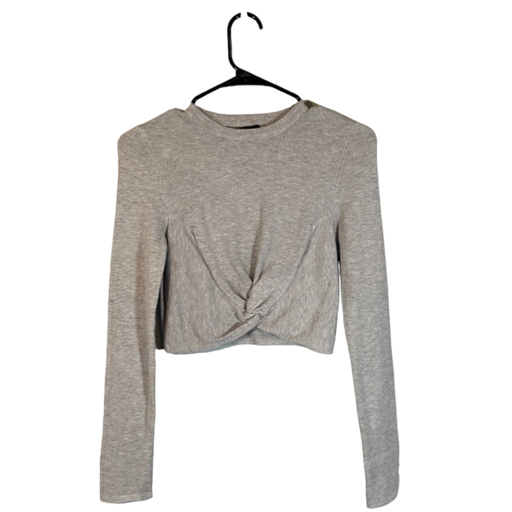 Olivaceous Gray Front Knot Cashmere Blend Long Sleeve Knit Crop Top Women Sz M